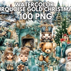 Aquarel Turquoise Gold Christmas, 100 PNG, Kerst PNG Clipart Bundel, Winter Clipart, Kerstboom Png, Magische Gezellige Tijd