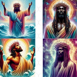 May include: Four digital art prints depicting a Black man with a crown of thorns and a long beard. The prints are in different color palettes, including blue, green, yellow, and purple. Each print features a halo and a background of swirling clouds or stars.