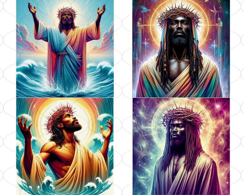 May include: Four digital art prints depicting a Black man with a crown of thorns and a long beard. The prints are in different color palettes, including blue, green, yellow, and purple. Each print features a halo and a background of swirling clouds or stars.