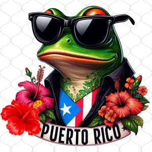 May include: A green frog wearing sunglasses and a black leather jacket with a Puerto Rican flag on the chest. The frog is surrounded by red hibiscus flowers and green leaves. The text "PUERTO RICO" is written on a white banner.