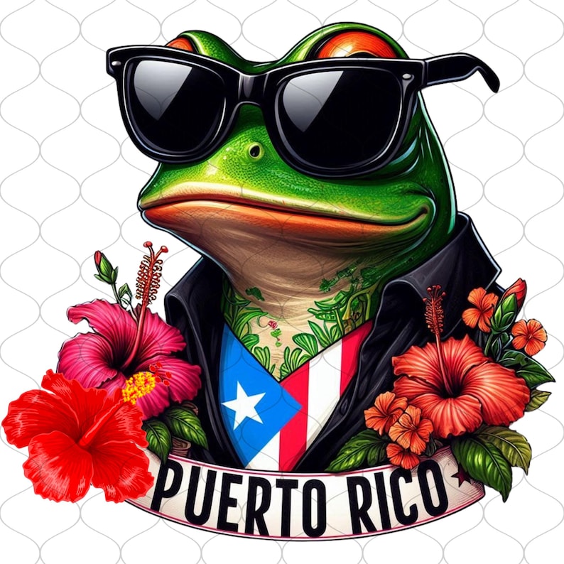 May include: A green frog wearing sunglasses and a black leather jacket with a Puerto Rican flag on the chest. The frog is surrounded by red hibiscus flowers and green leaves. The text "PUERTO RICO" is written on a white banner.