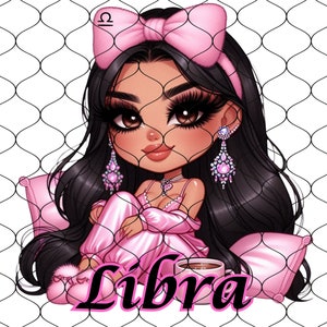 Pu&ograve; includere: Un'illustrazione digitale di una donna dei cartoni animati con lunghi capelli neri che indossa una fascia rosa e un accappatoio di raso rosa. Tiene una tazza di caff&egrave; e ha un cuscino rosa dietro di lei. Il testo "Libra" &egrave; scritto in lettere nere sotto di lei.