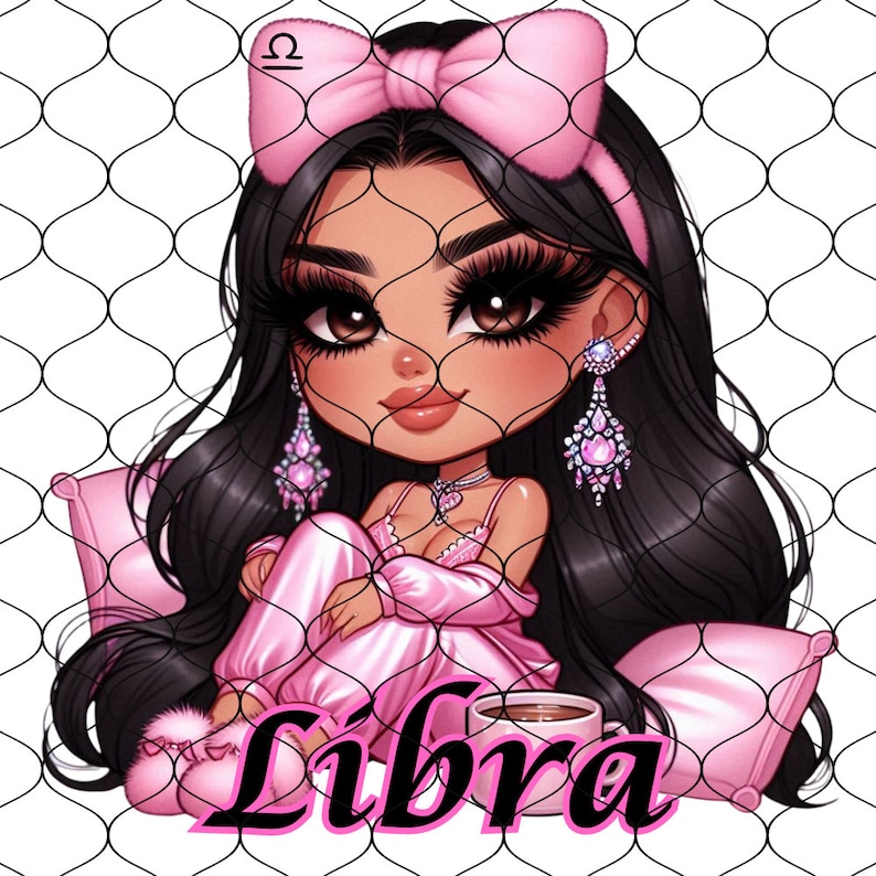 Pu&ograve; includere: Un'illustrazione digitale di una donna dei cartoni animati con lunghi capelli neri che indossa una fascia rosa e un accappatoio di raso rosa. Tiene una tazza di caff&egrave; e ha un cuscino rosa dietro di lei. Il testo "Libra" &egrave; scritto in lettere nere sotto di lei.