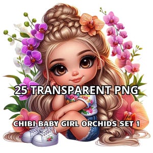 25 Chibi Baby Mädchen Orchideen Set 1, Chibi Mädchen Clipart, Chibi Mädchen Png, Baby Mädchen Png, Kleines Mädchen Png, Latina Png, Chicana Png, Orchideen Png