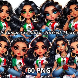 Chibi Gorgeous Black-Haired Mexicana, 60 PNG, Mexicana Png, Chicana Png, Latina Clipart, Chicana Clipart, Chibi Dolls Png, Chibi Girl Png