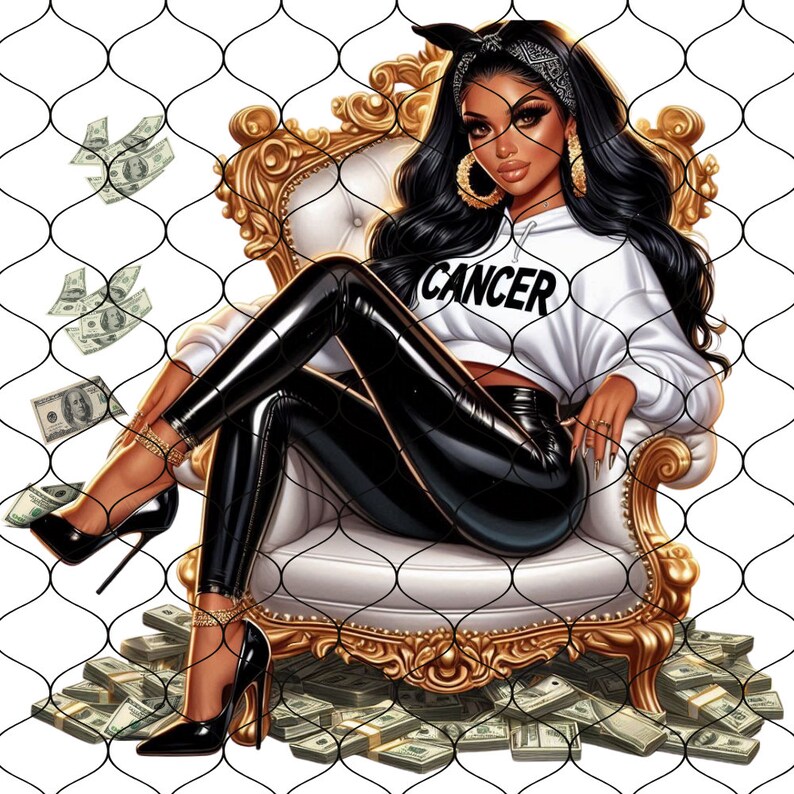 May include: A woman wearing a white hoodie with the word "CANCER" printed on it, black leather pants, and high heels sits on a gold throne surrounded by stacks of money. The scene is framed by a black wire mesh.