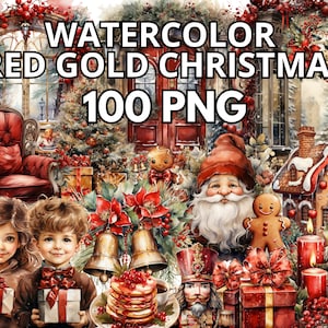 Natal em aquarela de ouro vermelho, 100 PNG, pacote de clipart PNG de Natal, clipart de inverno, árvore de Natal Png, momento mágico e aconchegante, Natal vermelho
