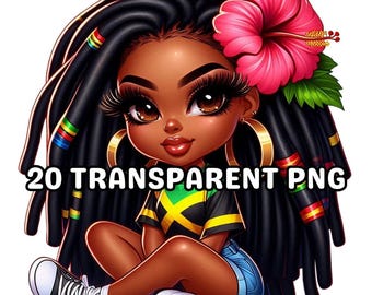 May include: A cartoon illustration of a Black girl with long dreadlocks wearing a Jamaican flag shirt, blue denim shorts, and white sneakers. She has a pink hibiscus flower in her hair and is sitting with her legs crossed.
