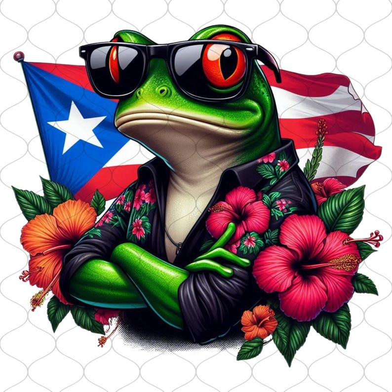 May include: A green frog wearing sunglasses and a black shirt with floral designs. The frog has its arms crossed and is standing in front of a Puerto Rican flag. The frog is surrounded by red and orange hibiscus flowers.