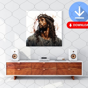 Op de afbeelding: Een digitale kunstprint van een man met een doornenkroon, die omhoog kijkt, tegen een witte achtergrond. De print is ingelijst en hangt aan een muur boven een houten kast.