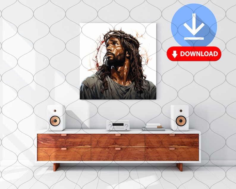 Op de afbeelding: Een digitale kunstprint van een man met een doornenkroon, die omhoog kijkt, tegen een witte achtergrond. De print is ingelijst en hangt aan een muur boven een houten kast.