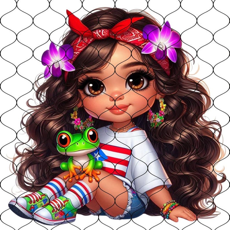 May include: A cartoon girl with long brown hair, wearing a red bandana, a white shirt with red and blue stripes, blue denim shorts, and colorful bracelets. She is holding a green frog with large eyes. The girl is sitting on a black mesh background.