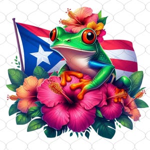 May include: A vibrant illustration features a green frog with red eyes, perched atop bright pink hibiscus flowers. A Puerto Rican flag waves in the background, with additional hibiscus blossoms and green leaves.