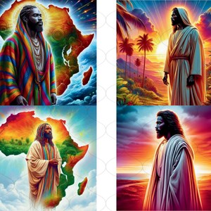 May include: A digital collage of four images. The top left image shows a man with dreadlocks wearing a colorful robe standing in front of a colorful outline of the continent of Africa. The top right image shows a man with long hair wearing a white robe standing in front of a sunset with palm trees. The bottom left image shows a man with long hair wearing a colorful robe standing in front of a colorful outline of the continent of Africa. The bottom right image shows a man with long hair wearing a white robe standing in front of a sunset.