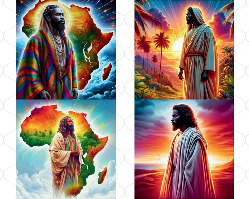 May include: A digital collage of four images. The top left image shows a man with dreadlocks wearing a colorful robe standing in front of a colorful outline of the continent of Africa. The top right image shows a man with long hair wearing a white robe standing in front of a sunset with palm trees. The bottom left image shows a man with long hair wearing a colorful robe standing in front of a colorful outline of the continent of Africa. The bottom right image shows a man with long hair wearing a white robe standing in front of a sunset.