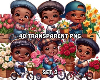 40 Chibi Cute Black Baby Boy Set 2,Little Black Boy Clipart,Black Boy Clipart,Spring Black Boy Png,Gardener Black Baby Boy Png,Black Boy Png