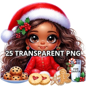 Chibi carina bambina nera di Natale, 25 PNG, biscotti e latte per Babbo Natale, Png di Natale, clipart ragazza nera, clipart piccola ragazza nera