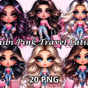 Chibi Pink Travel Latina, 20 PNG, Chibi-Stil, Reise-Mädchen-Clipart, Mädchen-Reise-Clipart, Chibi-Hispanic-Frau, Chibi-Puppen Png, Chibi-Mädchen-Png
