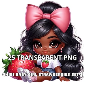 Conjunto de 25 fresas de bebé chibi (3 unidades), clipart de niña chibi, clipart de niña chibi, clipart de niña bebé, clipart de niña negra, clipart de niña negra, clipart de niña afro