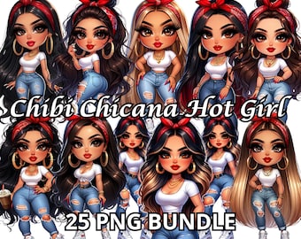 May include: A digital illustration set of 25 cartoon girls with red bandanas, white tops, blue jeans, and long black hair. The text "Chibi Chica Hot Girl 25 PNG Bundle" is at the bottom of the image.