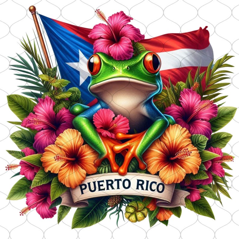 May include: A vibrant illustration features a green frog with orange feet and large red eyes, surrounded by pink and orange hibiscus flowers and lush green foliage. The Puerto Rican flag waves in the background, with a banner reading "PUERTO RICO".
