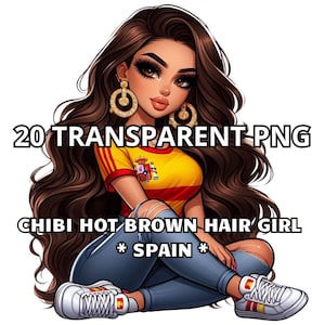 20 Chibi Hot Brown Hair Girl - Spanje, prachtig Spaans meisje, Spanje Png, Latina Png, Chibi Girl Png, Spanje Clipart, trots Spaans meisje, Chibi Png