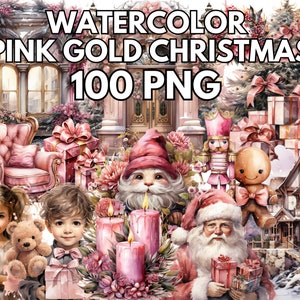 Aquarel roze goud Kerstmis, 100 PNG, Kerstmis PNG clipart bundel, winter clipart, kerstboom PNG, magische gezellige tijd, roze Kerstmis