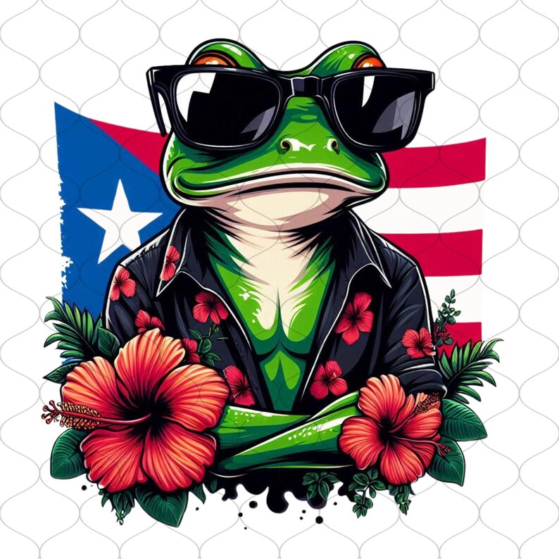 May include: A green frog wearing sunglasses and a floral shirt, with a Puerto Rican flag in the background. The frog is surrounded by tropical flowers and leaves.