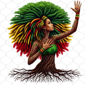 K&ouml;nnte beinhalten: Digitales Kunstwerk einer Frau mit Dreadlocks in den Farben der Rastafari-Flagge: Gr&uuml;n, Gelb und Rot. Ihr K&ouml;rper verwandelt sich in einen Baum mit Wurzeln. Sie hat T&auml;towierungen und tr&auml;gt ein gr&uuml;nes Oberteil. Ihr Arm ist erhoben, und ihre Hand ist ge&ouml;ffnet.