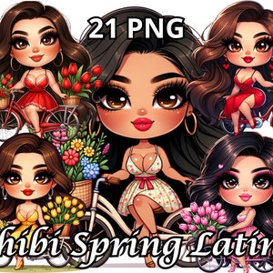 Chibi Spring Latina, 21 PNG, Chibi Mujer Hispana, Chibi Muñecas Png, Chibi Chica Png, Chibi Estilo Mujer Clipart, Elegante Chibi Chica Clipart