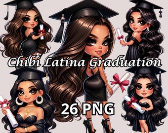 Chibi Latina Graduation, 26 PNG, Graduation Png, Diploma Clipart, College Clipart, Graduation Clipart, Chibi Style Woman Clipart, Latina Png