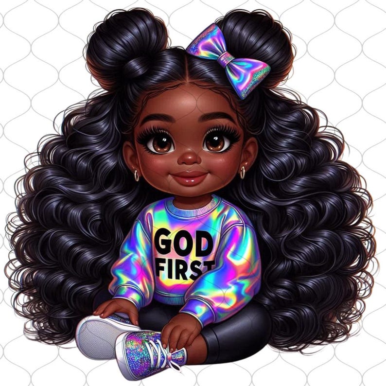 May include: A digital illustration of a young Black girl with long curly black hair, wearing a iridescent sweater with the words "GOD FIRST" printed on it, a black skirt, and sparkly sneakers. She has a pink iridescent bow in her hair.
