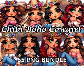 Chibi Boho Cowgirl, 55 Png, Western Girl Png, Cowgirl Png, Country Girl Png, Cowgirl Clipart,Chibi Dolls Png,Chibi Girl Png,Latina Woman Png