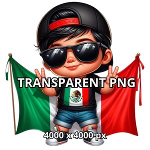 Op de afbeelding: Een cartoon illustratie van een persoon met een zonnebril en een zwarte pet met een rode rand, die Mexicaanse vlaggen vasthoudt. De persoon draagt een zwart shirt met het Mexicaanse wapen en een blauwe spijkerbroek. De tekst "TRANSPARENT PNG" en "4000 x 4000 px" is inbegrepen.