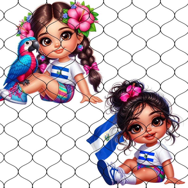 Puede incluir: Dos chicas de dibujos animados con cabello casta&ntilde;o y ojos grandes llevan camisas blancas con la bandera de El Salvador. Una chica sostiene un loro azul y blanco y la otra chica sostiene una bandera azul y blanca de El Salvador. Ambas chicas llevan pantalones cortos coloridos y est&aacute;n sentadas sobre un fondo blanco con un patr&oacute;n de malla negra.