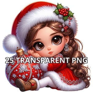 Preciosa pequeña niña santa de pelo castaño, 25 PNG, adorno de diamante, png de Navidad, Navidad brillante, gnomo de niña, imágenes prediseñadas de niña Chibi