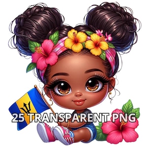 May include: A cartoon illustration of a young girl with brown skin, brown hair in two buns, and large brown eyes. She is wearing a pink and white headband with yellow and pink flowers. She is holding a flag with the Barbadian flag design. The text "25 TRANSPARENT PNG" is at the bottom of the image.