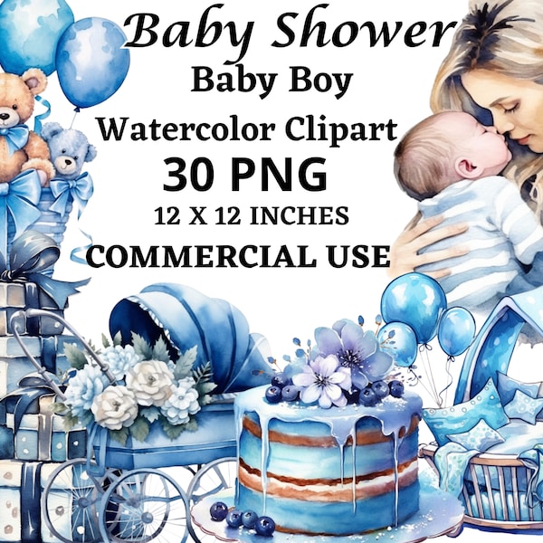 Watercolor Baby Shower Clipart, 30 PNG, Baby Boy Clipart, Newborn Baby Boy Bundle, Newborn Nursery Png, Blue Baby Shower, Nursery Clipart