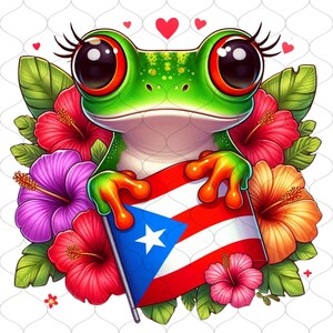 May include: A vibrant cartoon frog with large eyes and eyelashes, holding the Puerto Rican flag. The frog is surrounded by colorful hibiscus flowers and green leaves, with hearts in the background. The frog is green with orange and yellow accents.