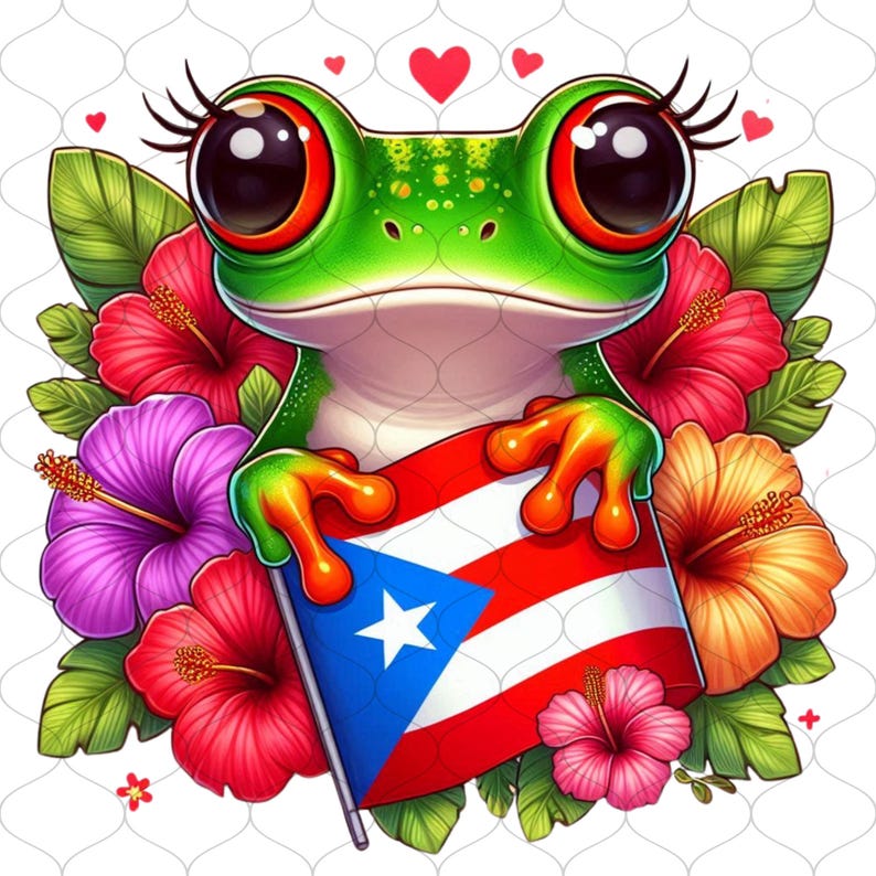 May include: A vibrant cartoon frog with large eyes and eyelashes, holding the Puerto Rican flag. The frog is surrounded by colorful hibiscus flowers and green leaves, with hearts in the background. The frog is green with orange and yellow accents.