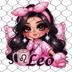 Pu&ograve; includere: Un'illustrazione di cartone animato del segno zodiacale Leone con uno schema di colori rosa e nero. L'illustrazione presenta una ragazza con lunghi capelli neri che indossa una fascia rosa e un pigiama, tenendo una tazza di caff&egrave; con il simbolo del Leone. Il testo "Leo" &egrave; scritto in nero sotto la tazza.