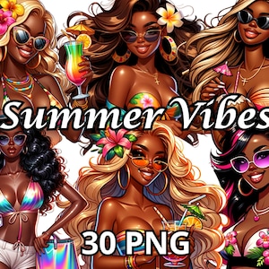 Summer Vibes Clipart, 30 PNG, Summer Girls Clipart, Beach Girls Clipart, Summer Clipart, Black Girl Magic Png, Black Queen Png,Afro Girl Png