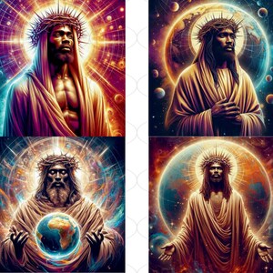 May include: A digital art collage of four images depicting a Black man with a crown of thorns, wearing a robe, and standing against a colorful, cosmic background. The images show him in different poses, with one image showing him holding a globe.