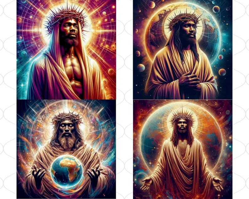 May include: A digital art collage of four images depicting a Black man with a crown of thorns, wearing a robe, and standing against a colorful, cosmic background. The images show him in different poses, with one image showing him holding a globe.