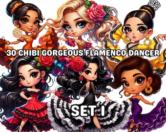 30 Chibi Gorgeous Flamenco Dancer Set 1, Chibi Flamenco Dancer, Flamenco Clipart, Cute Spanish Girl Png, Latina Png, Latina Clipart, Fiesta