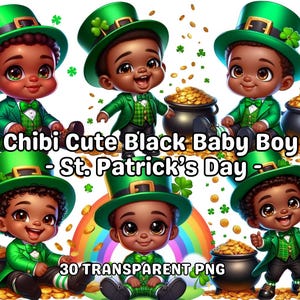 30 Chibi Cute Black Baby Boy St. Patrick&#39;s Day, Black Boy Png, Black Baby Boy Png, Black Boy Clipart, Chibi Boy Png, Lucky Day Png,Chibi Png