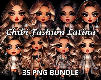 May include: A digital illustration set of 7 Latina women with large eyes and long hair, wearing different outfits. The women are drawn in a chibi style, which is a Japanese style of cartoon character. The set includes 35 PNG files. The text "Chíbi Fashion Latina" and "35 PNG BUNDLE" are included in the image.