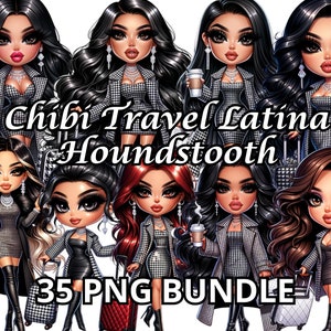 Chibi Travel Latina Houndstooth, 35 PNG, Travel Girl Clipart, Girls Trip Clipart, Mulher Hispânica Chibi, Bonecas Chibi Png, Chibi Girl Png