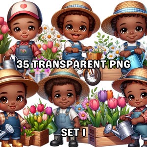 35 Chibi Cute Black Baby Boy Set 1,Little Black Boy Clipart,Black Boy Clipart,Spring Black Boy Png,Gardener Black Baby Boy Png,Black Boy Png