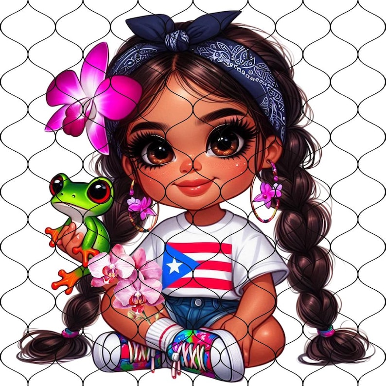 May include: A cartoon illustration of a young girl with brown hair in braids wearing a white t-shirt with the Puerto Rican flag on it, blue denim shorts, and colorful sneakers. She is holding a green frog and there are pink flowers in the background.